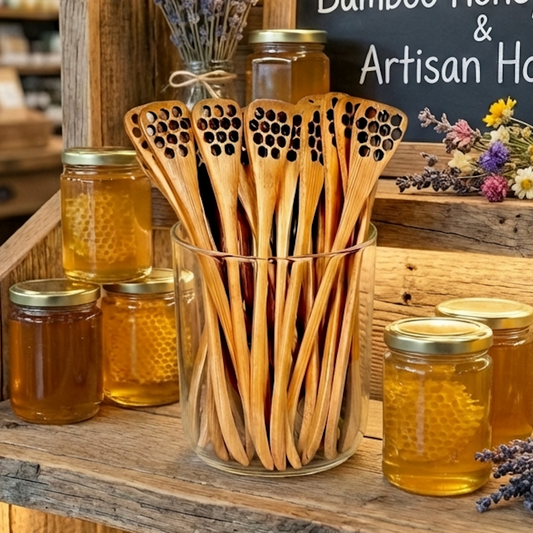 Bamboo honey sticks in a glass container with jars of honey and lavender flowers on a wooden shelf.