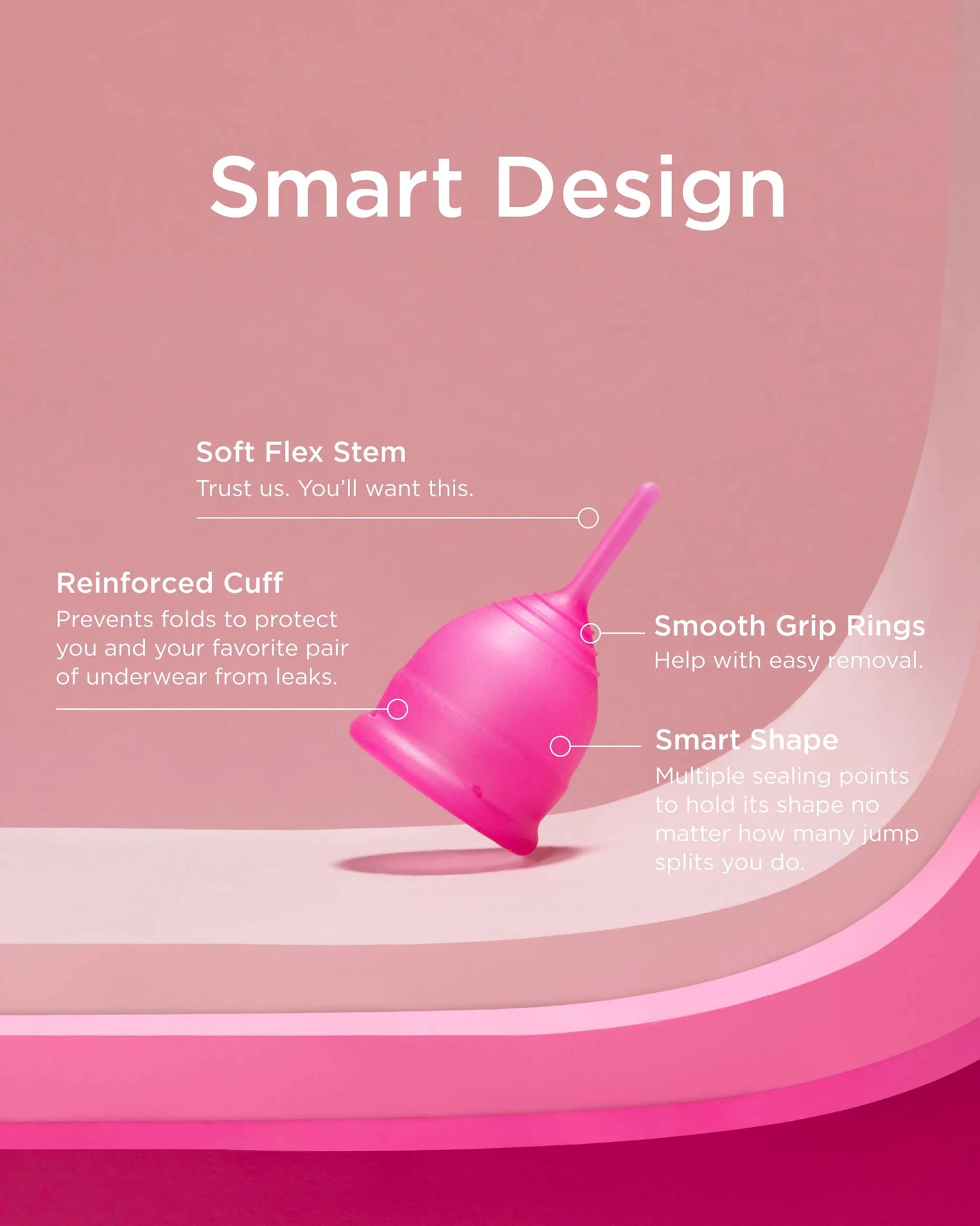 Pink menstrual cup with features listed on a pink background