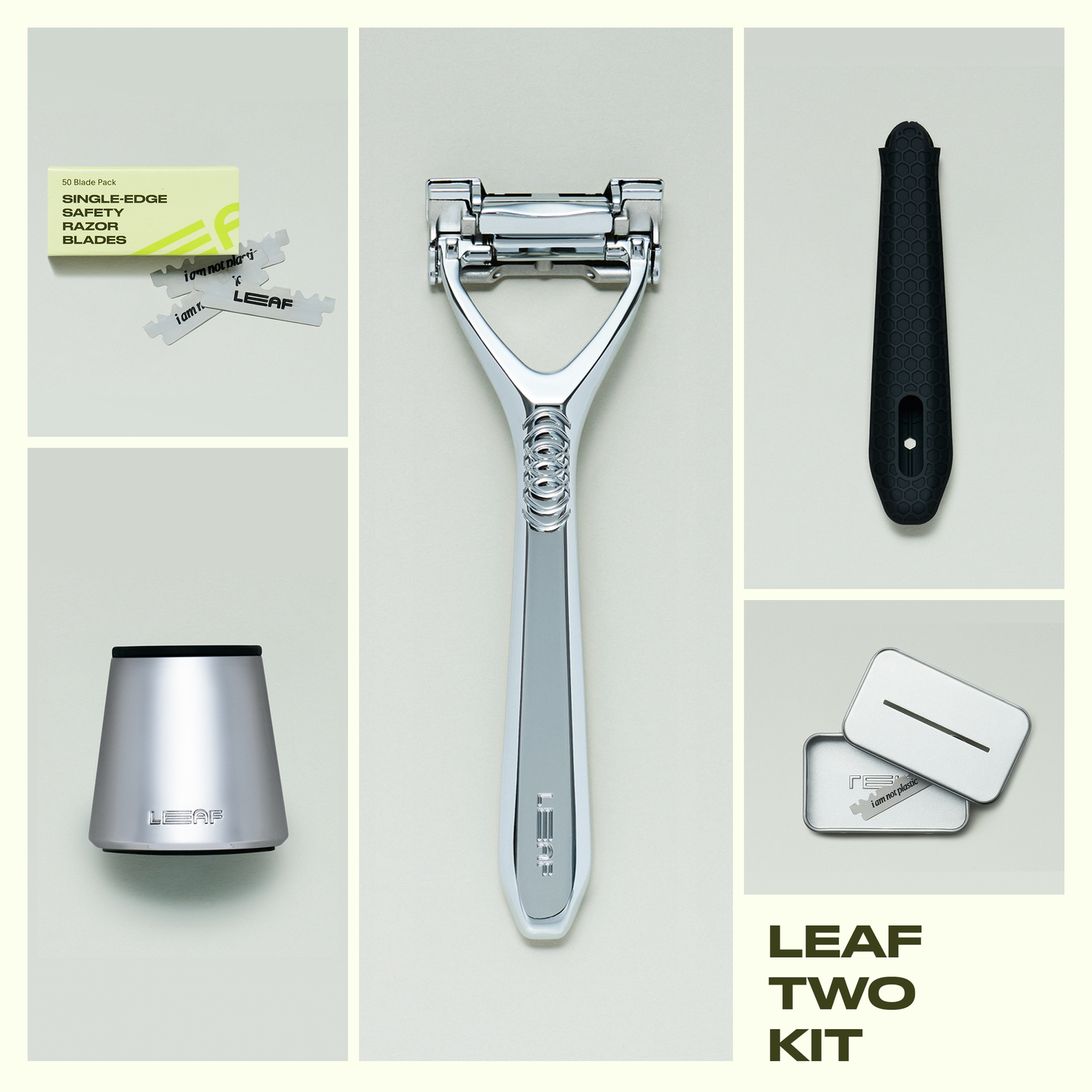 Leaf Two Razor Kit - Razor, Grip Sleeve, Stand, Blades, + Tin