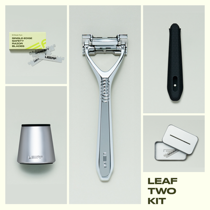Leaf Two Razor Kit - Razor, Grip Sleeve, Stand, Blades, + Tin