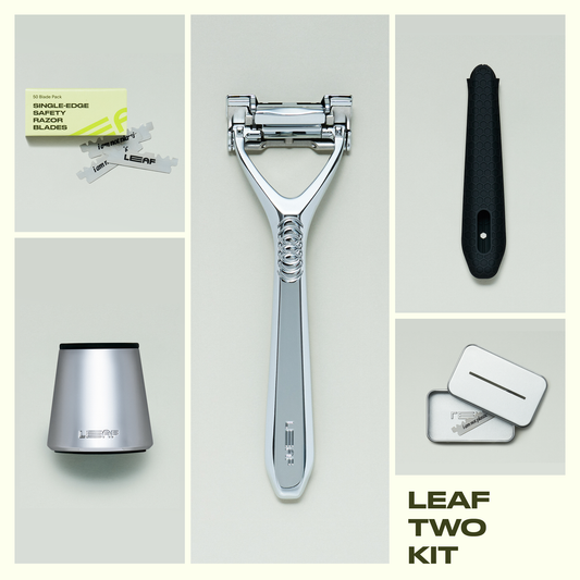 Leaf Two Razor Kit - Razor, Grip Sleeve, Stand, Blades, + Tin